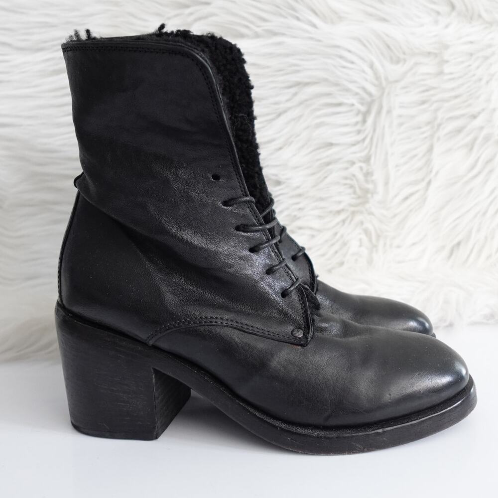 Moma Black Leather Lace-Up Sherpa Lined Boots